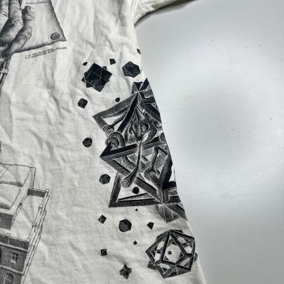 Vintage M.C. Escher Art T Shirt Soft Tee USA Made White Graphic Mens L 1991 90s - Picture 3 of 12
